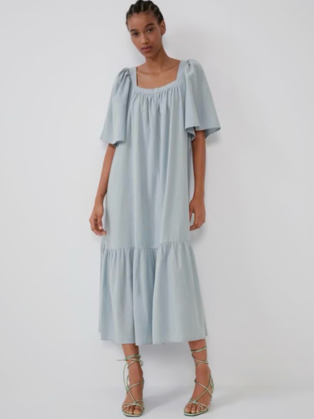 Zara Blue Chambray Flowy Midi Dress linen blend XS Cottagecore